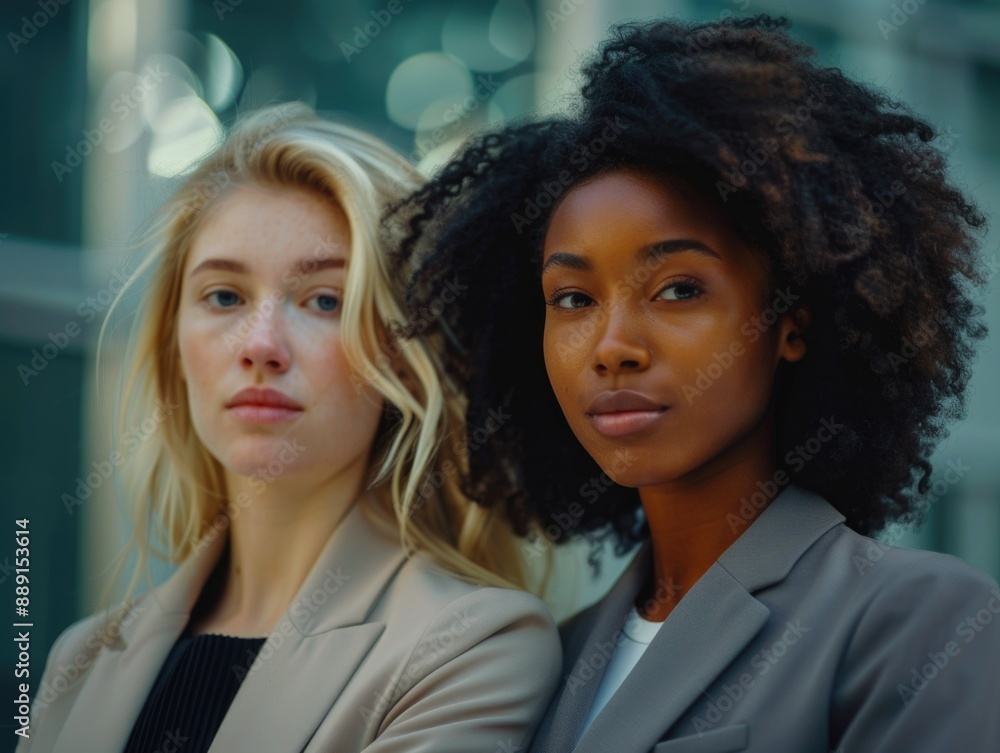 Two women standing together in front of a building, possibly waiting or chatting Two women standing together in front of a building, possibly waiting or chatting