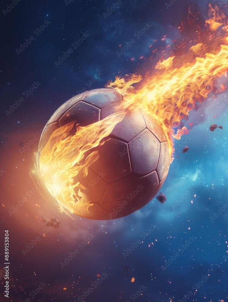 Naklejka premium A soccer ball with flames coming out, great for sports or fiery themes