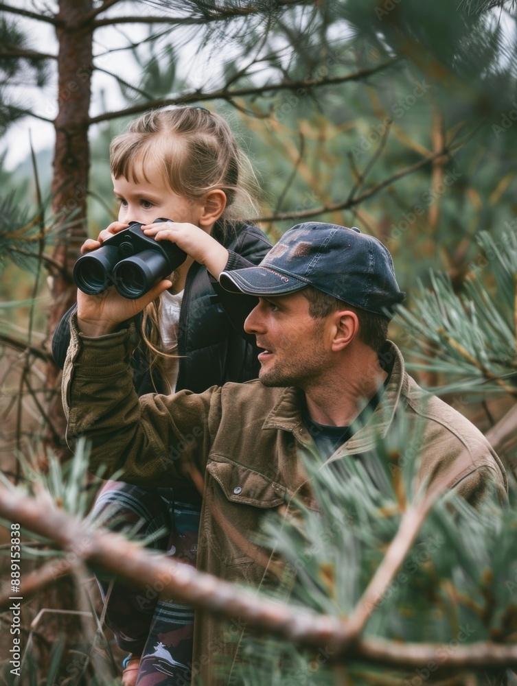 Fototapeta premium A man holds a young girl's hand as they walk through a dense forest, surrounded by tall trees and lush foliage