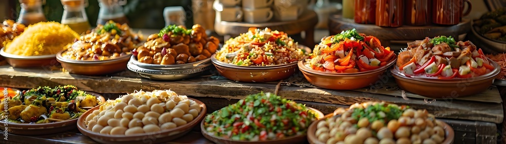Various Dishes on a Rustic Table, Food Photography Various Dishes on a Rustic Table, Food Photography