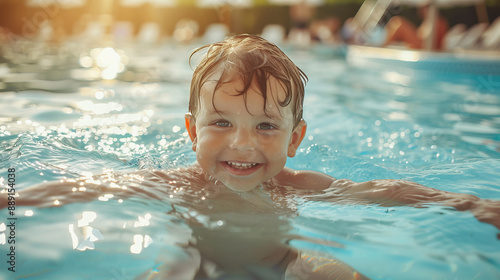 Joyful toddler boy swimming in pool, outdoor water activities © lermont51
