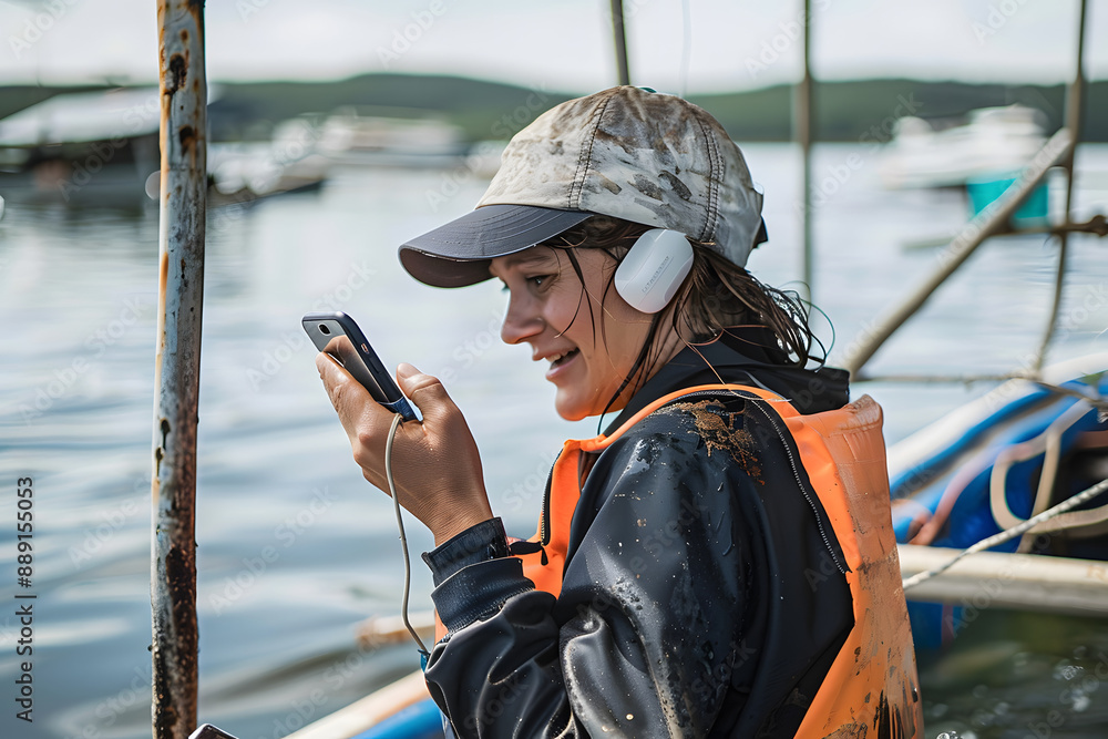 Fototapeta premium Woman on Phone while working on the water in aquaculture oyster farm