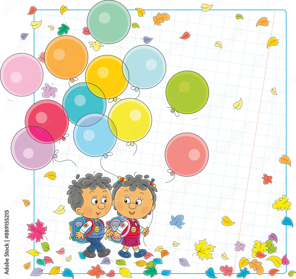 School background with happy little schoolchildren with colorful holiday balloons going among flying autumn leaves to school for start of classes, vector cartoon illustration School background with happy little schoolchildren with colorful holiday balloons going among flying autumn leaves to school for start of classes, vector cartoon illustration
