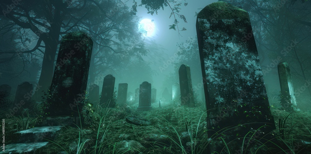 An old, overgrown graveyard in the foggy woods at night with a full ...