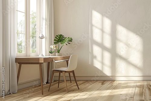 Home Office with Simple Desk and Large Window: A minimalist home office mockup with a simple desk and a large window for natural light.