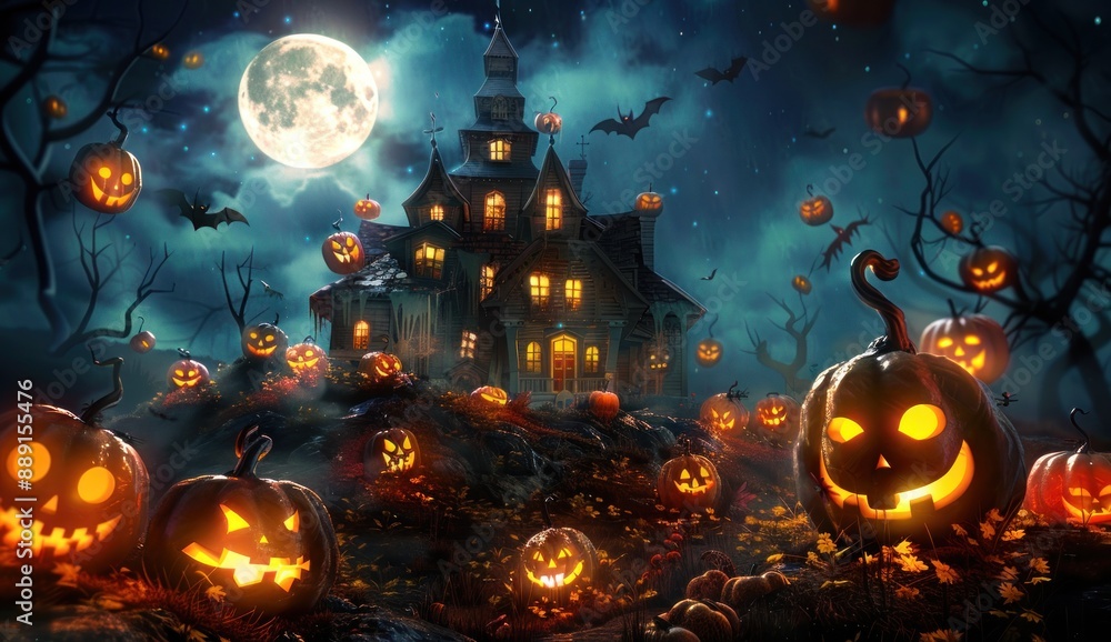 Halloween night background with a haunted house, pumpkins and a full moon. A fantasy illustration design for the cover of a poster or banner. A scary scene concept art for a game set on a hill crest. Halloween night background with a haunted house, pumpkins and a full moon. A fantasy illustration design for the cover of a poster or banner. A scary scene concept art for a game set on a hill crest.
