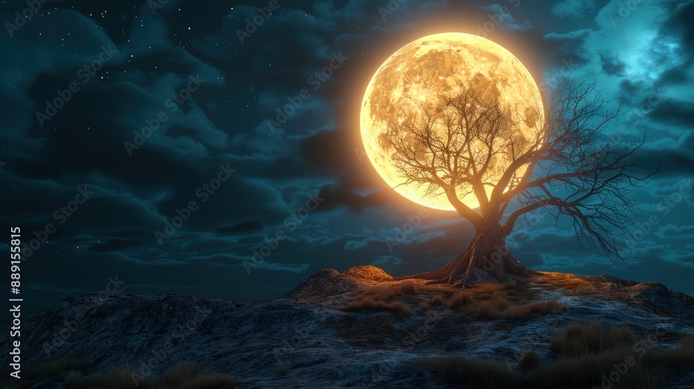3d rendering of full moon with tree on hill background. fantasy night sky with stars and glow, moon light shining through branches of dead dry old tree in front of the round bright big yellow glowing 3d rendering of full moon with tree on hill background. fantasy night sky with stars and glow, moon light shining through branches of dead dry old tree in front of the round bright big yellow glowing