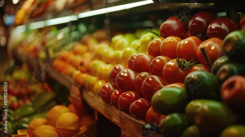 Fototapeta Naklejka Na Ścianę i Meble -  A bustling grocery market filled with an abundance of fresh fruits and vegetables
