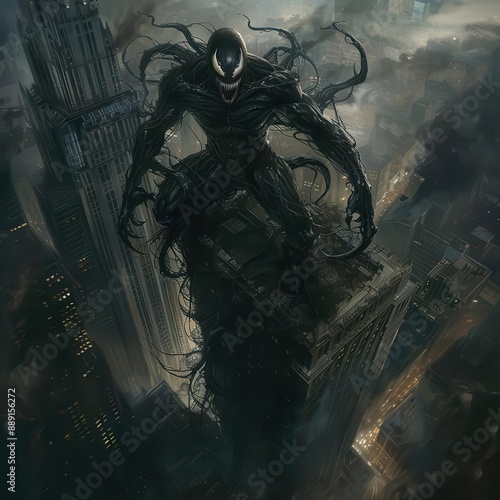 venominspired dark superhero perched atop a gothic skyscraper tendrils of shadow swirling hyperrealistic comic book style with moody atmosphere and dramatic lighting photo