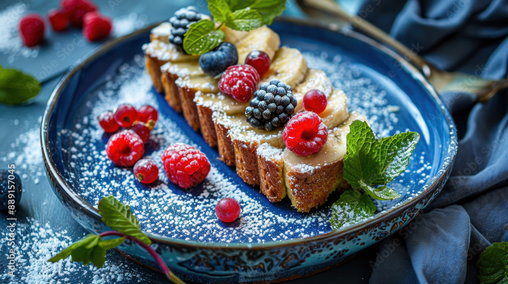 Fresh mixed berry dessert with banana slices, mint leaves, and powdered sugar on a blue plate Fresh mixed berry dessert with banana slices, mint leaves, and powdered sugar on a blue plate