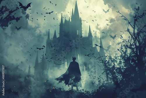 Mysterious Silhouette Approaching Gothic Castle Amidst Misty Forest and Flying Birds at Dusk - Spooky Atmosphere for Halloween or Gothic Themes. photo