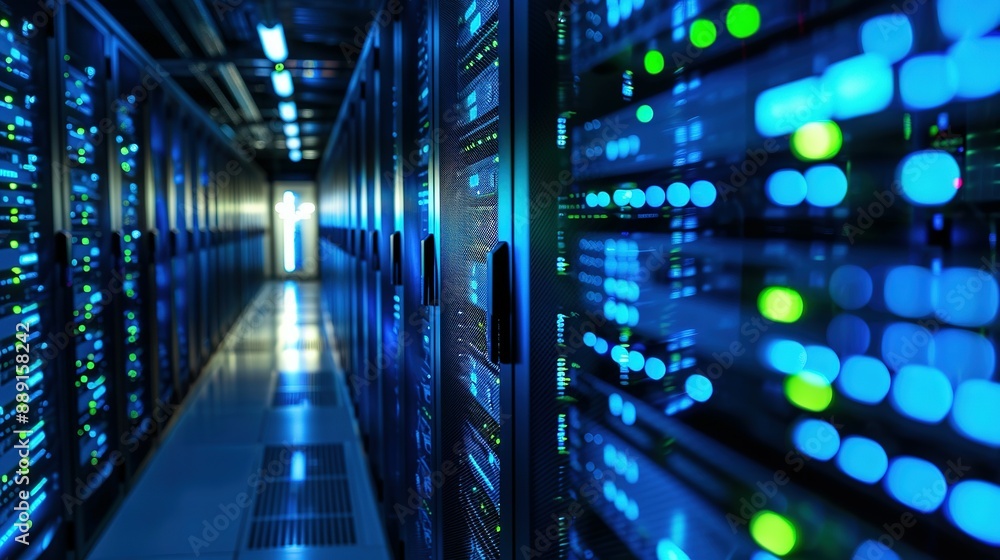 Futuristic server room with blue and green lights illuminating the dark ...