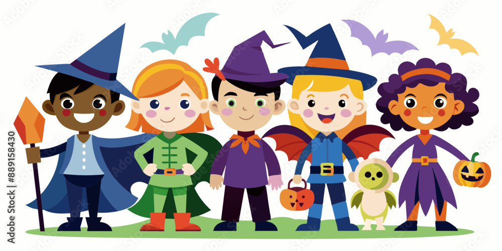 A group of children wearing Halloween costumes is standing together A group of children wearing Halloween costumes is standing together