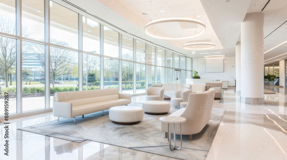 Luxurious and spacious office lobby with modern furnishings and large windows. Professional and inviting workspace. Luxurious and spacious office lobby with modern furnishings and large windows. Professional and inviting workspace.