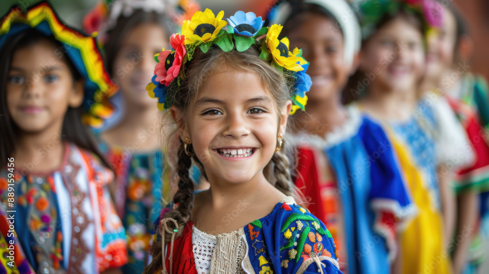 Fototapeta premium A smiling girl wears a colorful traditional dress and flower crown, standing with other children in similar attire.