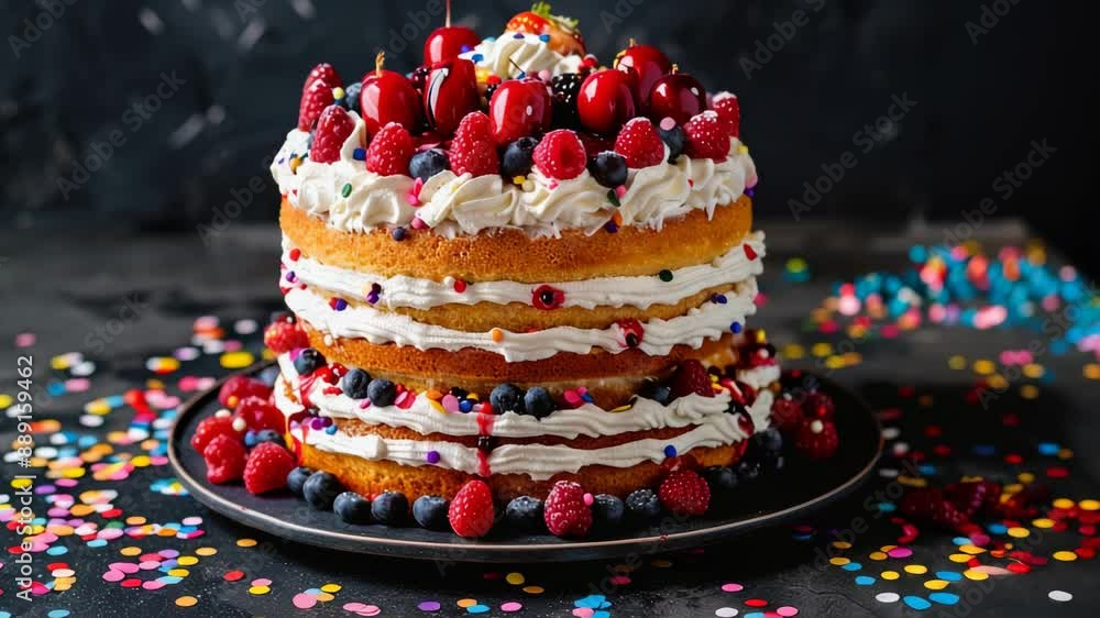 Layered cake with fresh berries and whipped cream on a dark background Layered cake with fresh berries and whipped cream on a dark background
