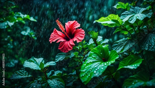 Rain Falling Over Hibiscus Flowers photo