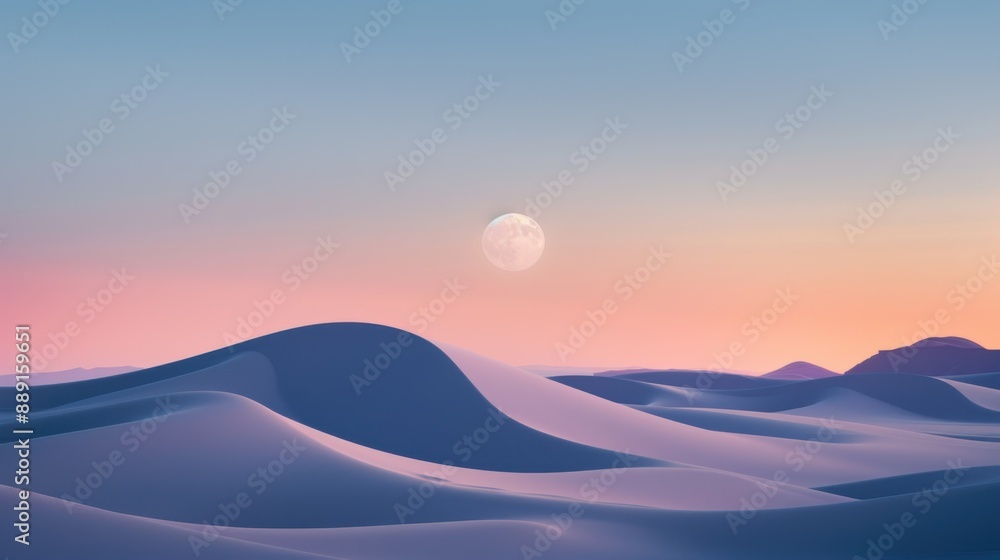 Serene desert landscape with glowing sand dunes under a full moon and pastel colored sky at twilight. Serene desert landscape with glowing sand dunes under a full moon and pastel colored sky at twilight.