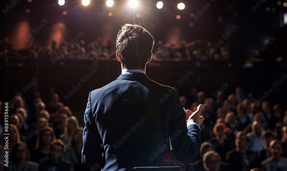 Abstract Image of a Businessman Giving a Presentation on Stage at a Board Meeting. Corporate Work Environment with Soft or Blurred Figures. High-Quality AI-Generated 4K Wallpaper of a Man in a Suit Sp Abstract Image of a Businessman Giving a Presentation on Stage at a Board Meeting. Corporate Work Environment with Soft or Blurred Figures. High-Quality AI-Generated 4K Wallpaper of a Man in a Suit Sp