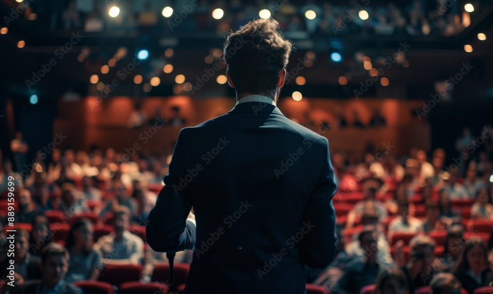 Abstract Image of a Businessman Giving a Presentation on Stage at a Board Meeting. Corporate Work Environment with Soft or Blurred Figures. High-Quality AI-Generated 4K Wallpaper of a Man in a Suit Sp