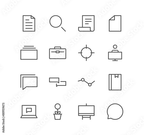Set of business and office icons, bag, folder, printer, communication, card and linear variety vectors.	
