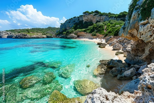 a beach with clear blue water surrounded by rocks