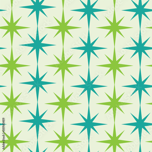 Mid Century Modern Atomic starbursts seamless pattern in Lime green and teal over light background. For home decor, textile and wallpaper.