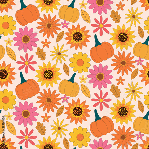 Cute pumpkins with sunflowers , retro flowers and leaves seamless pattern. For Thanksgiving background, fabric and textile.