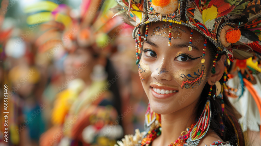 A smiling woman wearing a vibrant traditional costume with intricate face paint and elaborate headdress at a cultural festival. A smiling woman wearing a vibrant traditional costume with intricate face paint and elaborate headdress at a cultural festival.