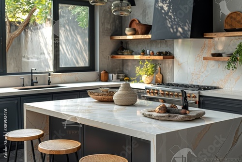 Kitchen with Clean Countertops and Simple Decor: A minimalist kitchen mockup featuring clean countertops and simple decor.