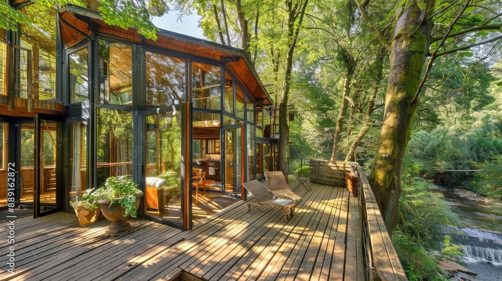 A stylish treehouse with a wooden deck, large glass walls, and nestled among tall, leafy trees with a view of a nearby stream A stylish treehouse with a wooden deck, large glass walls, and nestled among tall, leafy trees with a view of a nearby stream