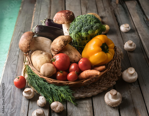  Organic Harvest Vegetables- A rustic display of vegetables from the garden and forest mushr_1(208) photo