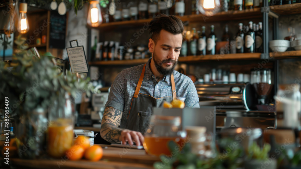 Barista preparing drinks in a trendy coffee shop, featuring a rustic decor with various bottles and ingredients on display. Barista preparing drinks in a trendy coffee shop, featuring a rustic decor with various bottles and ingredients on display.