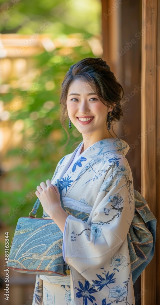 A beautiful Asian woman wearing a Japanese kimono outfit, smiling for the camera, photoshoot, scenic green nature A beautiful Asian woman wearing a Japanese kimono outfit, smiling for the camera, photoshoot, scenic green nature