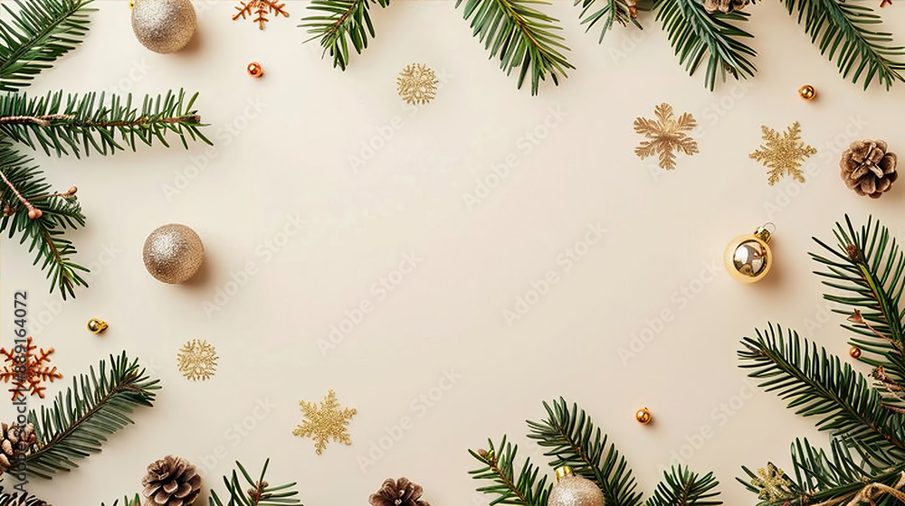 Christmas frame. Beige Xmas background with pine tree branches, golden snowflakes, balls, garland. Christmas frame, greeting card template, banner mockup. Christmas frame. Beige Xmas background with pine tree branches, golden snowflakes, balls, garland. Christmas frame, greeting card template, banner mockup.
