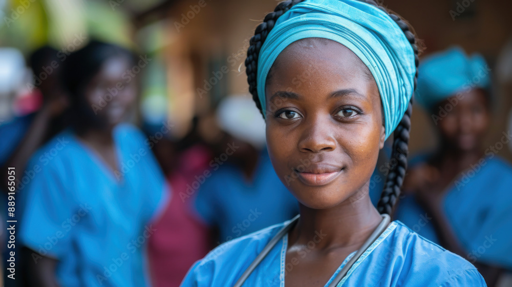 A confident African nurse smiles warmly, standing in front of a group of colleagues, radiating professionalism and care. A confident African nurse smiles warmly, standing in front of a group of colleagues, radiating professionalism and care.