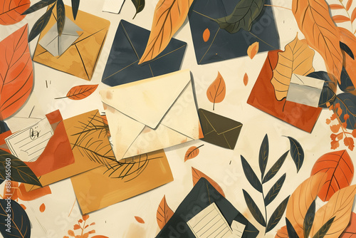 Pattern of Various Envelopes, Leaves, and Branches, Relevant for Themes Related to Communication, Nature, Mail Services, or Stationery Design. photo