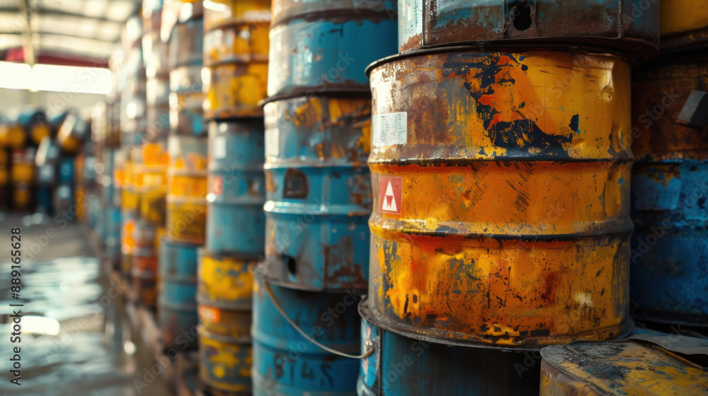 Stacked rusty oil barrels in an industrial warehouse, showcasing wear and tear on metal surfaces with vibrant colors. Stacked rusty oil barrels in an industrial warehouse, showcasing wear and tear on metal surfaces with vibrant colors.
