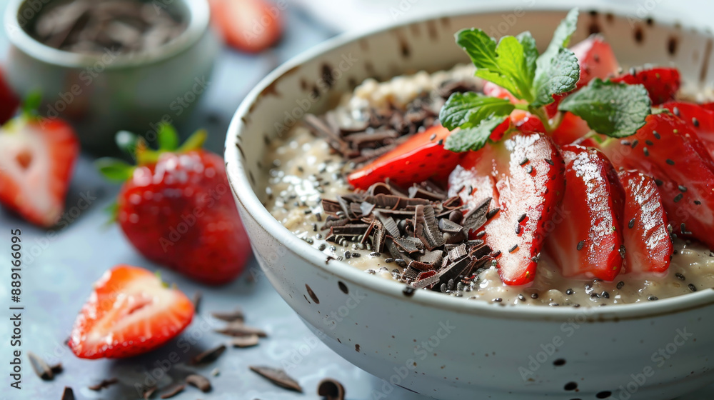Fresh strawberry and chocolate oatmeal topped with chia seeds and mint in a ceramic bowl Fresh strawberry and chocolate oatmeal topped with chia seeds and mint in a ceramic bowl