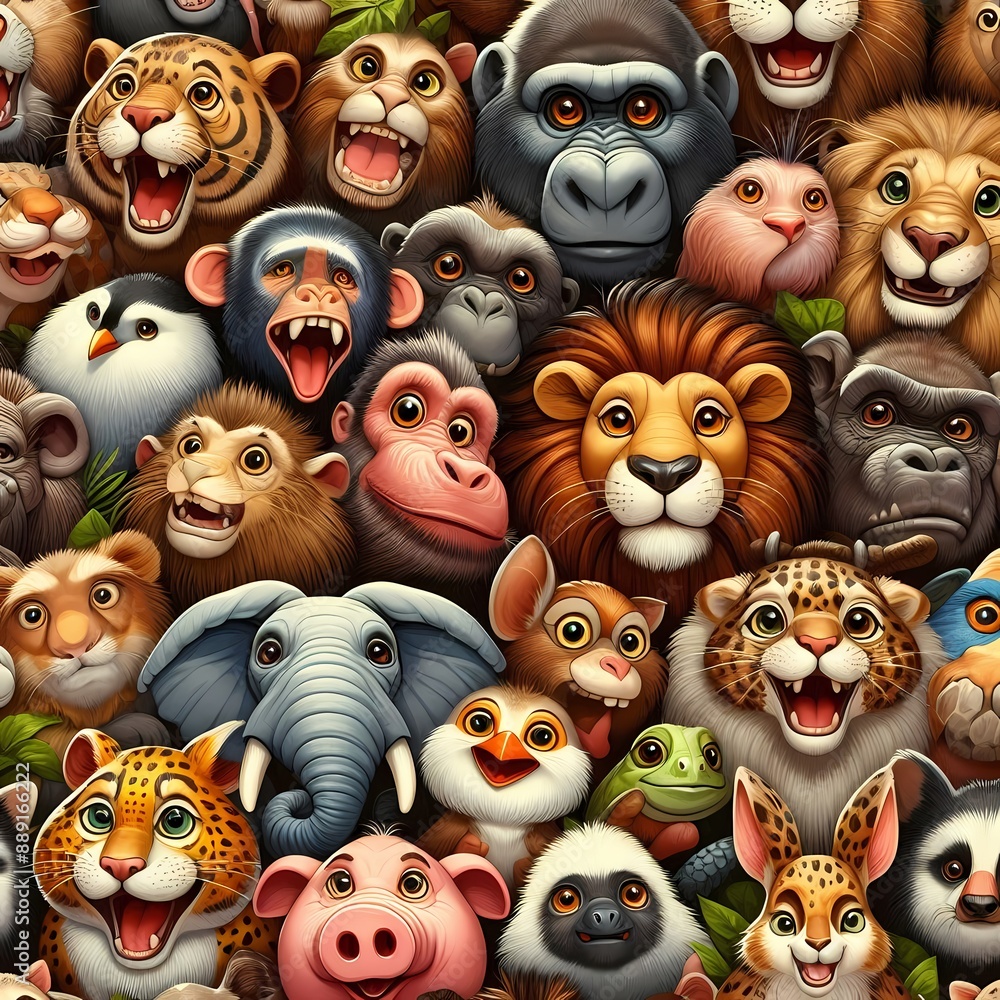 Various jungle animals cartoon with expressive faces arranged in a crowded pattern. Animal cartoon. Various jungle animals cartoon with expressive faces arranged in a crowded pattern. Animal cartoon.