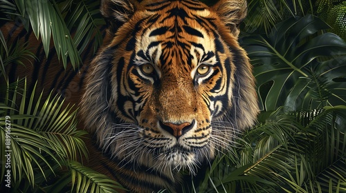 A close-up of a tiger's face framed by green leaves.