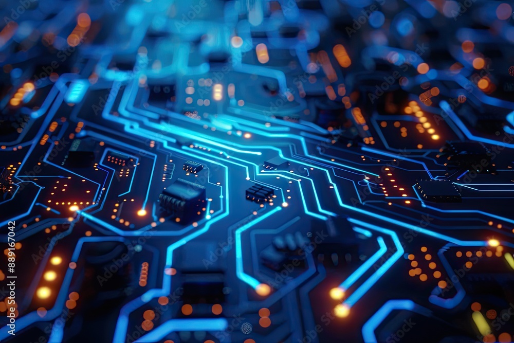 Close-up of a circuit board with glowing lines. Perfect for technology, innovation, and digital concepts. Close-up of a circuit board with glowing lines. Perfect for technology, innovation, and digital concepts.