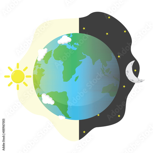 day and night concept illustration on earth,dark and shining planet,sun and moon,earth day concept,Flat style vector illustration