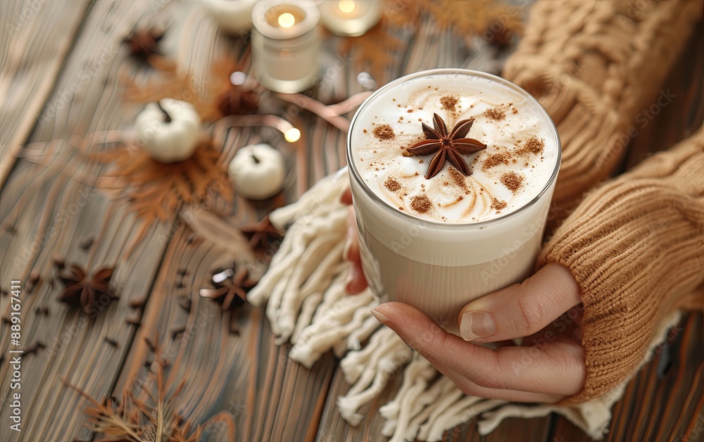 Woman holding glass of tasty pumpkin spice latte on wooden table, flat lay composition Woman holding glass of tasty pumpkin spice latte on wooden table, flat lay composition