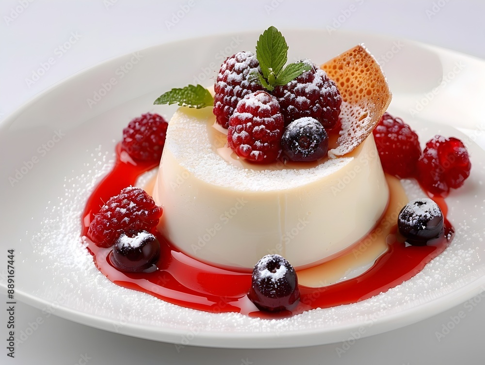 Delectable Panna Cotta Dessert with Fresh Berries and Caramelized Sugar on Minimalist White Plate Delectable Panna Cotta Dessert with Fresh Berries and Caramelized Sugar on Minimalist White Plate
