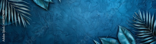 Wallpaper Mural Elegant blue textured background with tropical leaves, perfect for decorative designs, websites, banners, and presentations. Torontodigital.ca