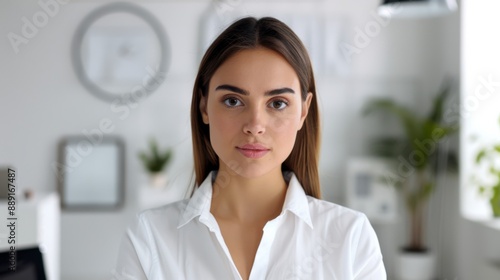 Portrait of a confident young woman in a white shirt, standing in a modern office setting with blurred background.