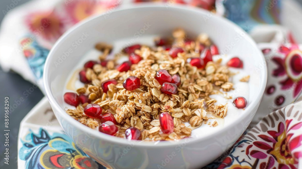 Bowl of yogurt topped with granola and pomegranate seeds on a colorful patterned cloth Bowl of yogurt topped with granola and pomegranate seeds on a colorful patterned cloth