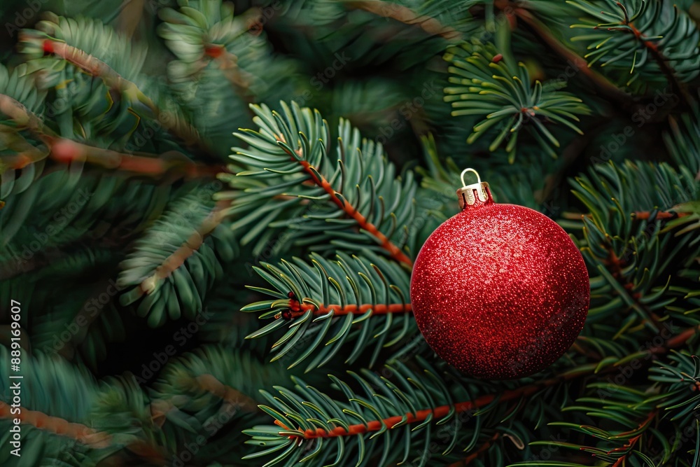 Obraz premium A red ornament hangs on a pine branch. This image is great for holiday-themed designs and backgrounds.