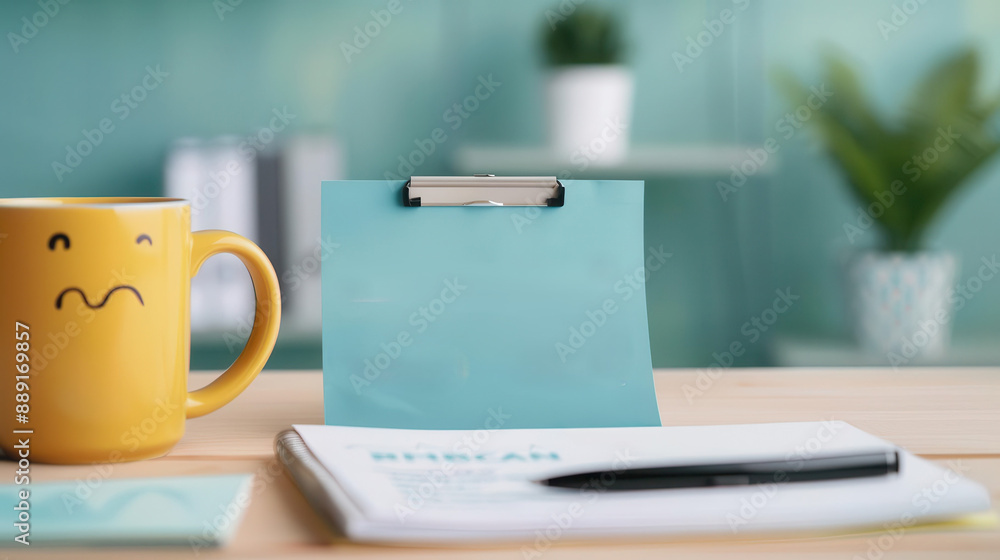 Workspace setup with a yellow smiley face coffee mug, blue clipboard, and notepad with a pen in an office environment, indoor desk. Workspace setup with a yellow smiley face coffee mug, blue clipboard, and notepad with a pen in an office environment, indoor desk.
